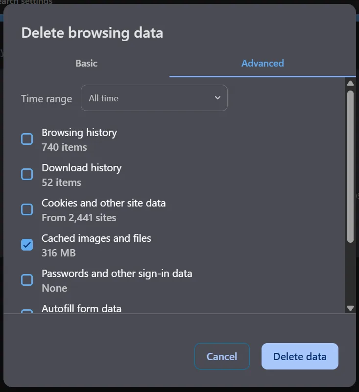 Tampilan hapus cache images & files di browser