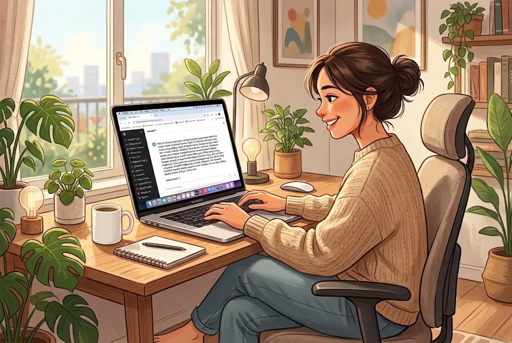 Ilustrasi orang duduk di depan laptop dengan banyak tab AI terbuka, ekspresi santai sambil mengetik prompt panjang