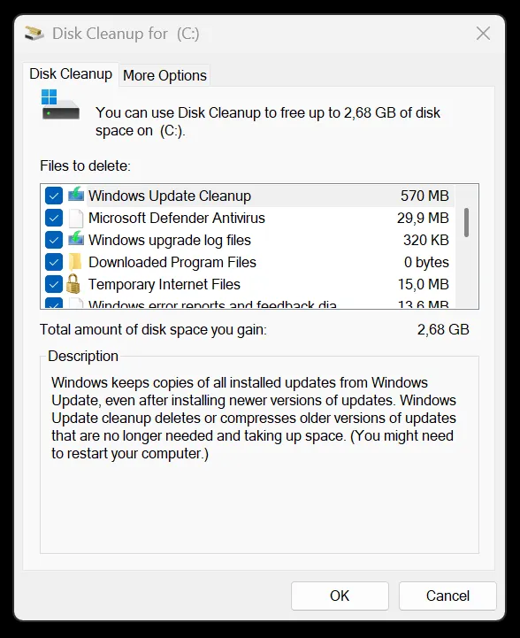 Tampilan jendela Disk Cleanup di Windows 11