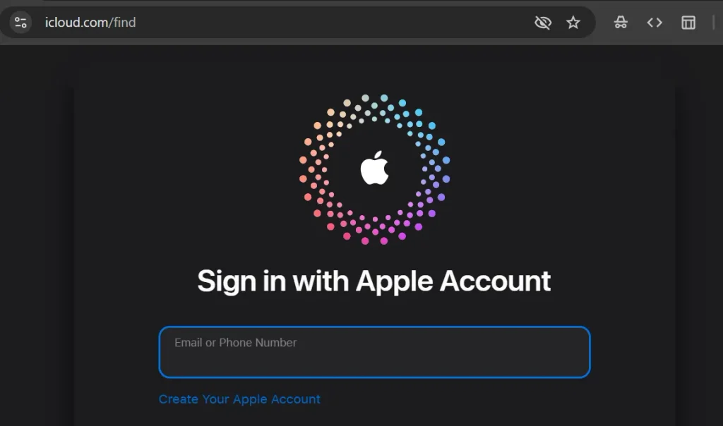 Tampilan login icloud.com/find di browser