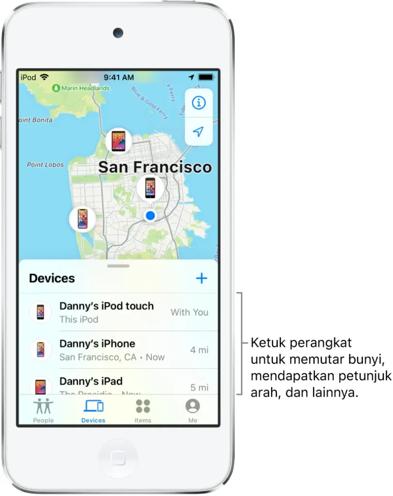 Tampilan tab Perangkat di aplikasi Lacak iPhone