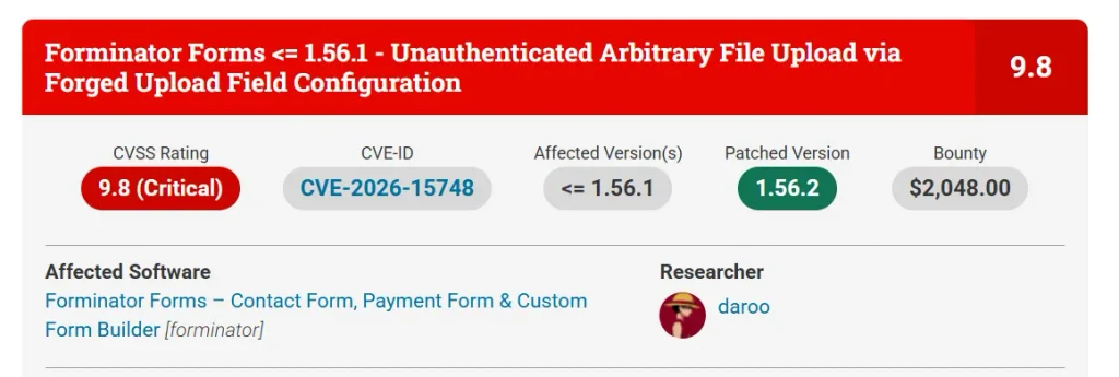 CVE-2026-15748 Forminator CVSS Score 9.8 as Critical vulnerability