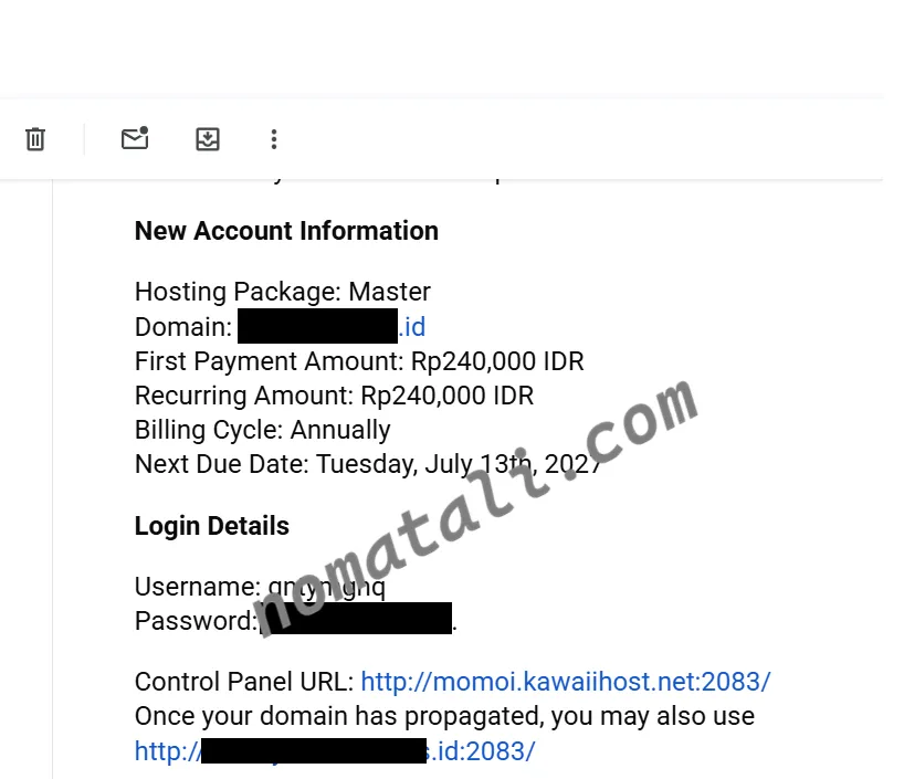Contoh isi email dari penyedia hosting yang menunjukkan alamat login cPanel, username, dan password akun.