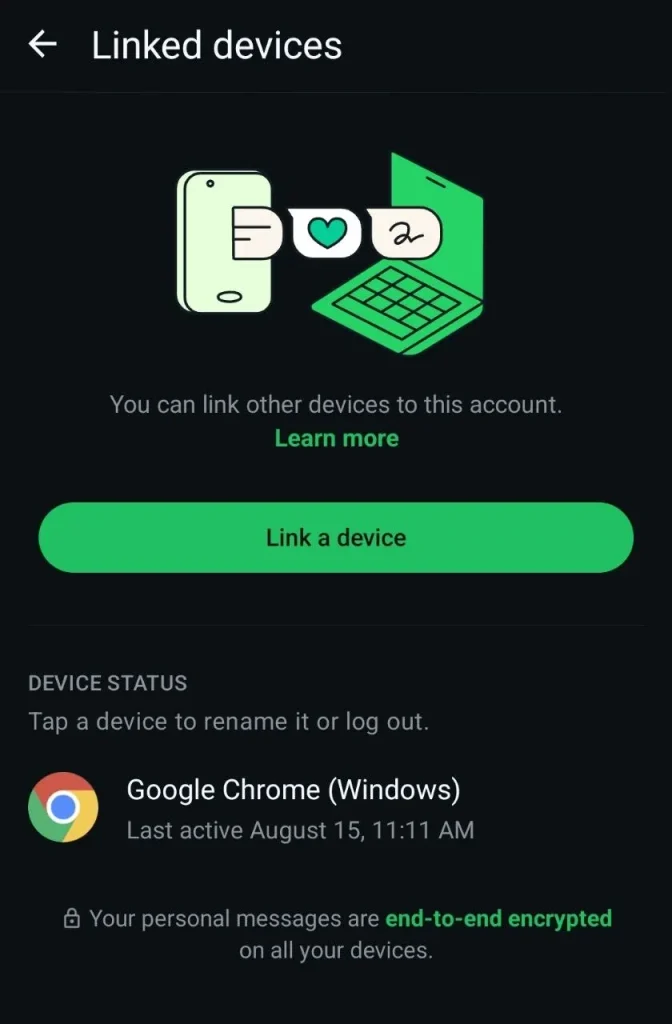 Tangkapan layar menu Perangkat Tertaut WhatsApp yang menampilkan daftar perangkat asing