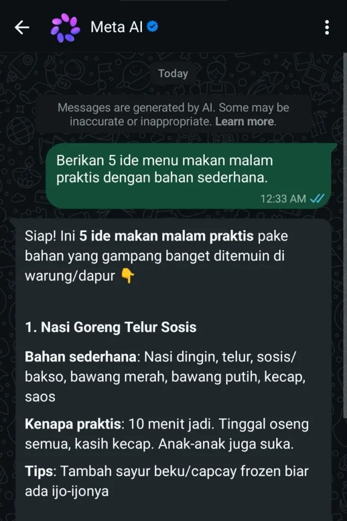 Tangkapan layar chat dengan Meta AI di WhatsApp yang menampilkan pertanyaan dan jawaban