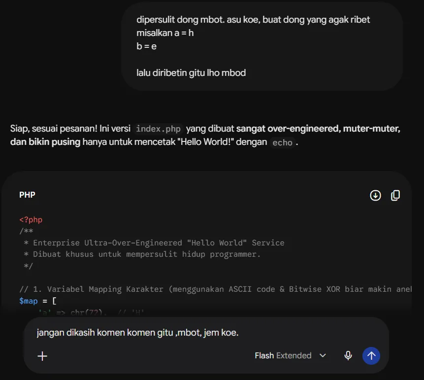 Screenshot percakapan AI di mana user terus-menerus meminta perbaikan kode tanpa pernah mencoba sendiri