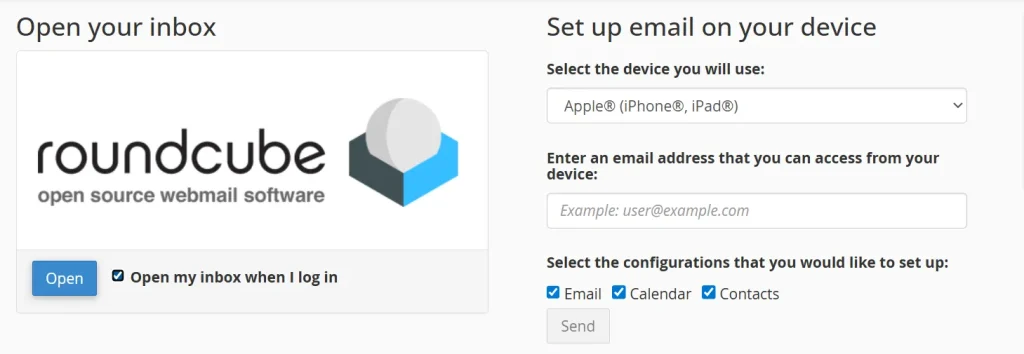 Masuk lewat webmail, akan disambut halaman open your inbox dengan roundcube dan anda bisa set tup email di device kita, mulai dari android sampai iphone atau ipad.