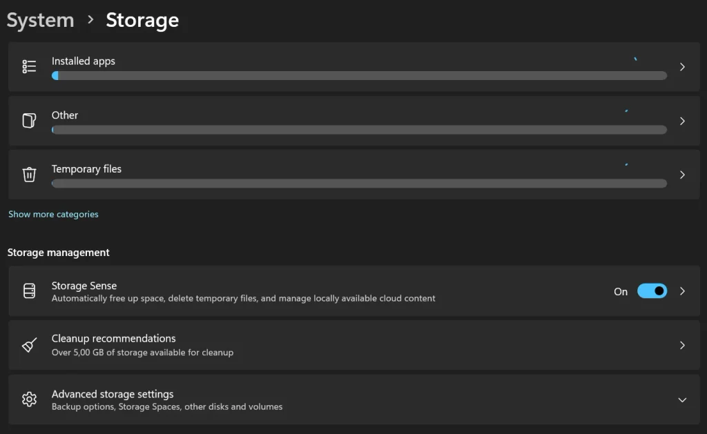 Pengaturan Storage Sense di Windows 11 yang menampilkan opsi pembersihan otomatis