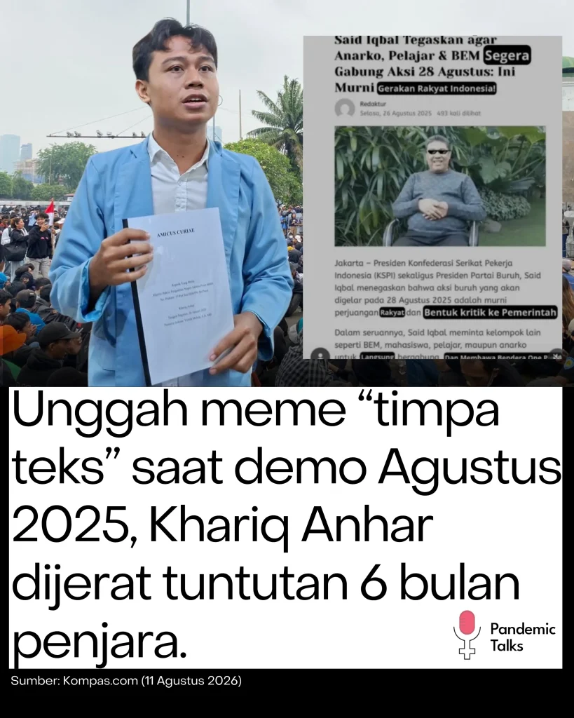 Khariq Anhar dijerat tuntutan 6 bulan penjara setelah unggah meme timpa teks