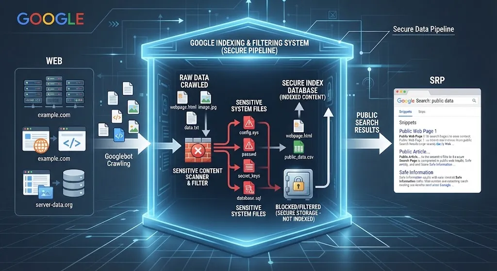 A conceptual diagram showing Google's crawlers filtering out sensitive system files before they reach the public search results page.