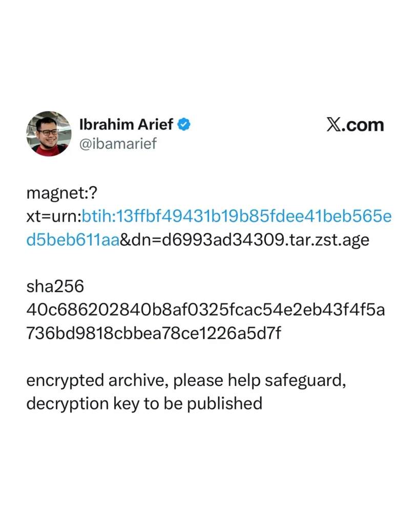 Postingan magnet link Ibam di X dengan keterangan encrypted archive